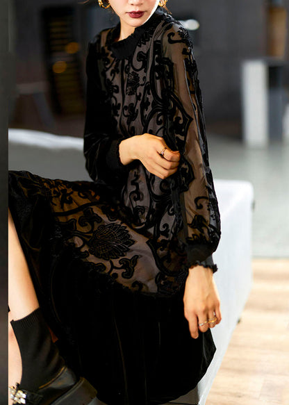 Black O-neck Embroideried Patchwork Silk Velour Maxi Dress Long Sleeve