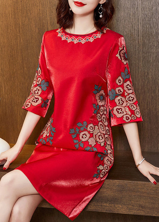 Red O-neck Print Silk Mid Dress Half Sleeve
