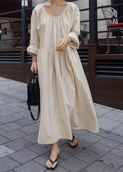 Apricot O Neck Wrinkled Patchwork Cotton Dresses Spring