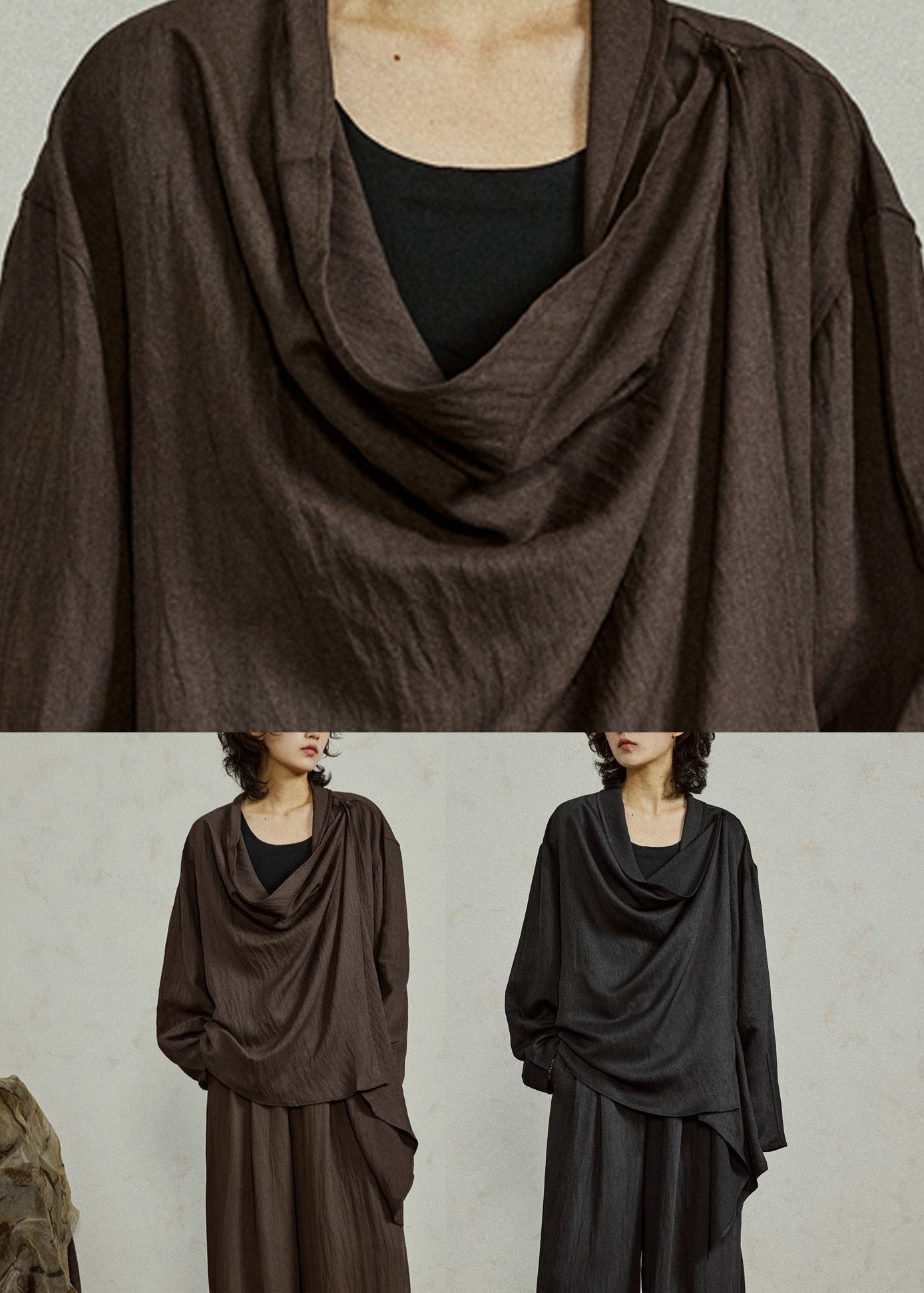 Coffee Shirt Flare Sleeve Patchwork Tie Waist