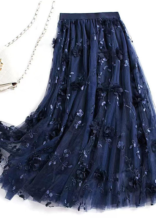 French Navy Wrinkled Embroideried Decorated Tulle Skirts Spring