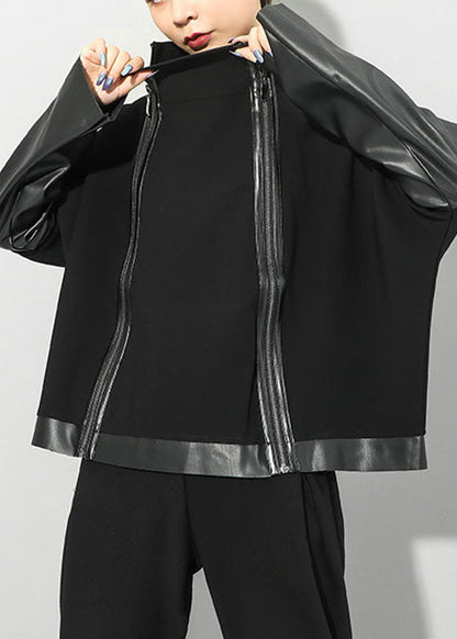 Simple Black Stand Collar Zippered Pu Patchwork Fall Long Sleeve Coat