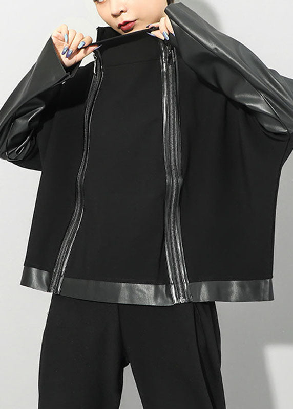 Simple Black Stand Collar Zippered Pu Patchwork Fall Long Sleeve Coat