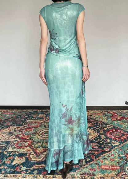 Slim Fit Green Print Tulle Top and Maxi Skirts Two Pieces Set Sleeveless Summer