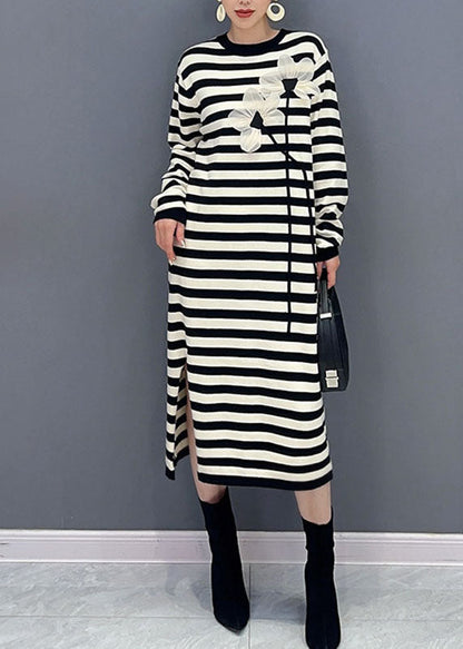 French Striped O-neck Side Open Holiday Long Dress Long Sleeve