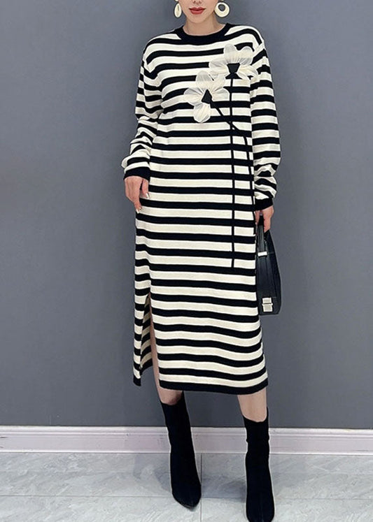 French Striped O-neck Side Open Holiday Long Dress Long Sleeve