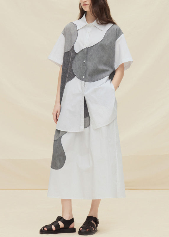 Light Grey Peter Pan Collar Patchwork Cotton Two Pieces Set Summer