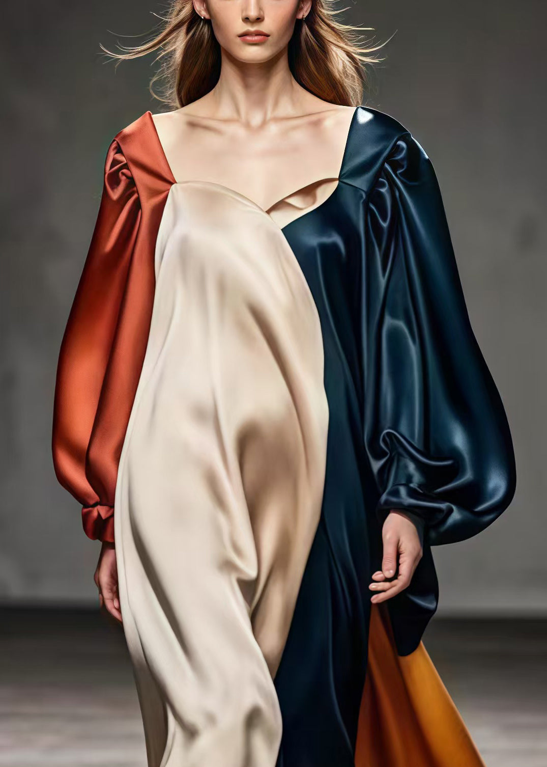 Square Collar Asymmetrical Patchwork Silk Dresses Lantern Sleeve