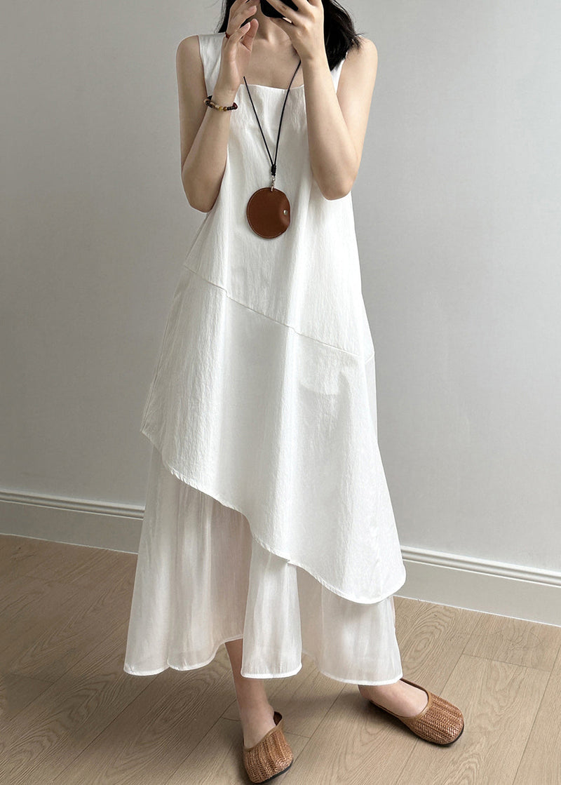New White Square Collar Patchwork Cotton Long Dresses Sleeveless