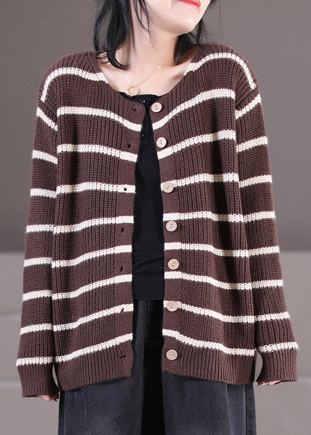 Handmade Black O-neck Striped Button Knit Sweaters Coats Fall