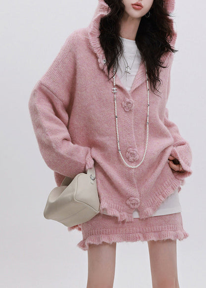 Pink Ruffled Patchwork Cotton Knit Hooded Cardigan and Skirts Two Piece Set Spring