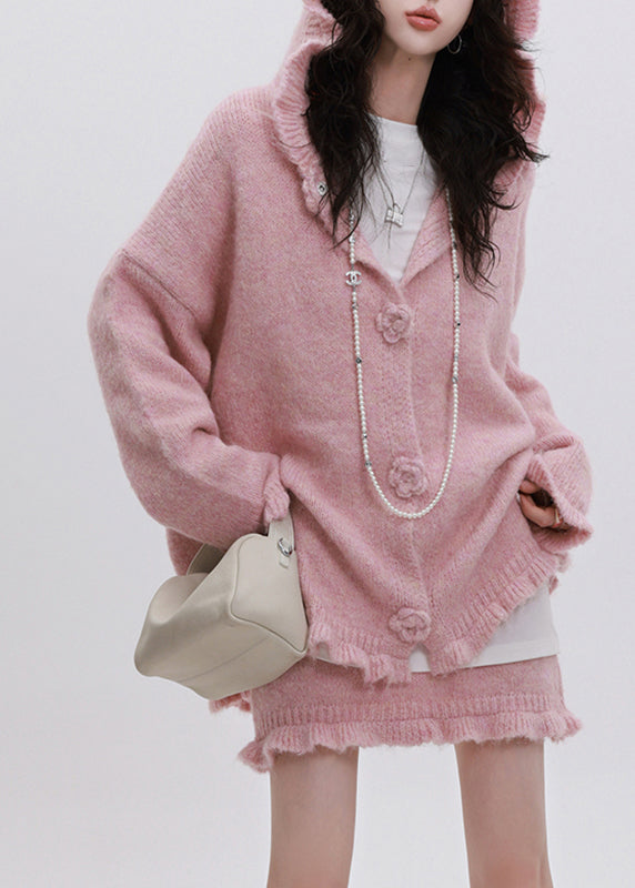 Pink Ruffled Patchwork Cotton Knit Hooded Cardigan and Skirts Two Piece Set Fall