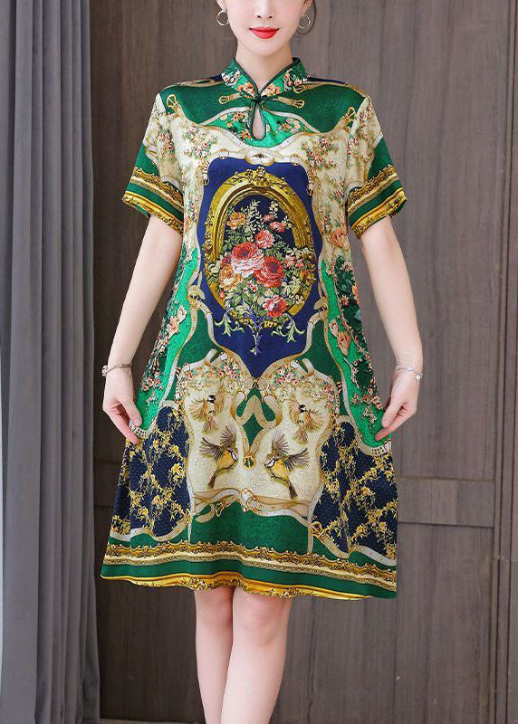 Chinese Style Green Print Mandarin Collar Silk a Line Dress Summer
