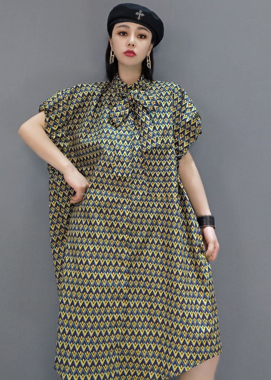Original Stand Collar Print Cotton Shirt Dress Short Sleeve