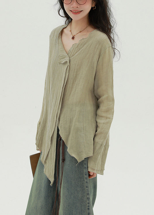 Khaki Button Linen Fall Blouse Asymmetrical