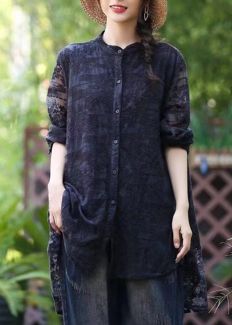 Red Embroideried Button Patchwork Lace Shirt Fall
