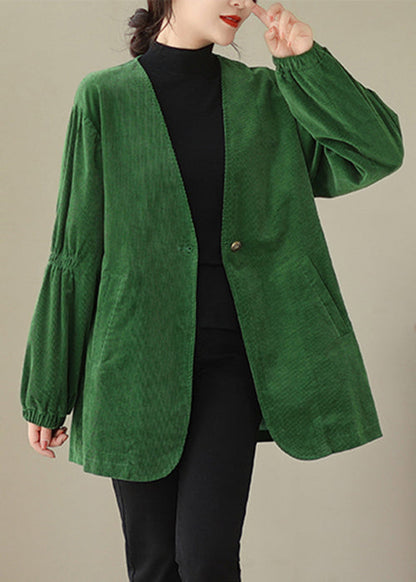 Green V Neck Button Pockets Corduroy Coats Fall