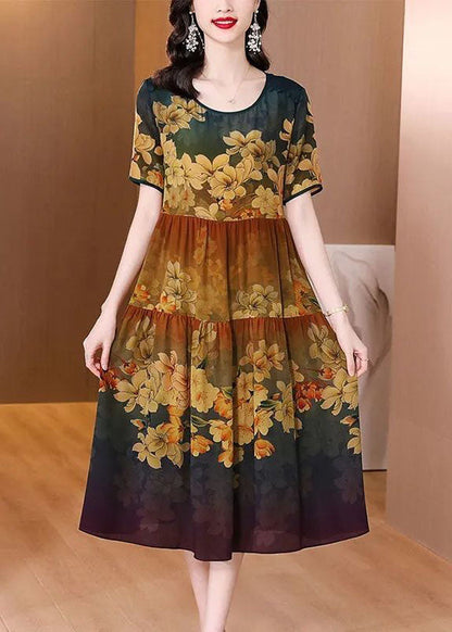 Khaki O-neck Patchwork Print Silk Long Dress Summer