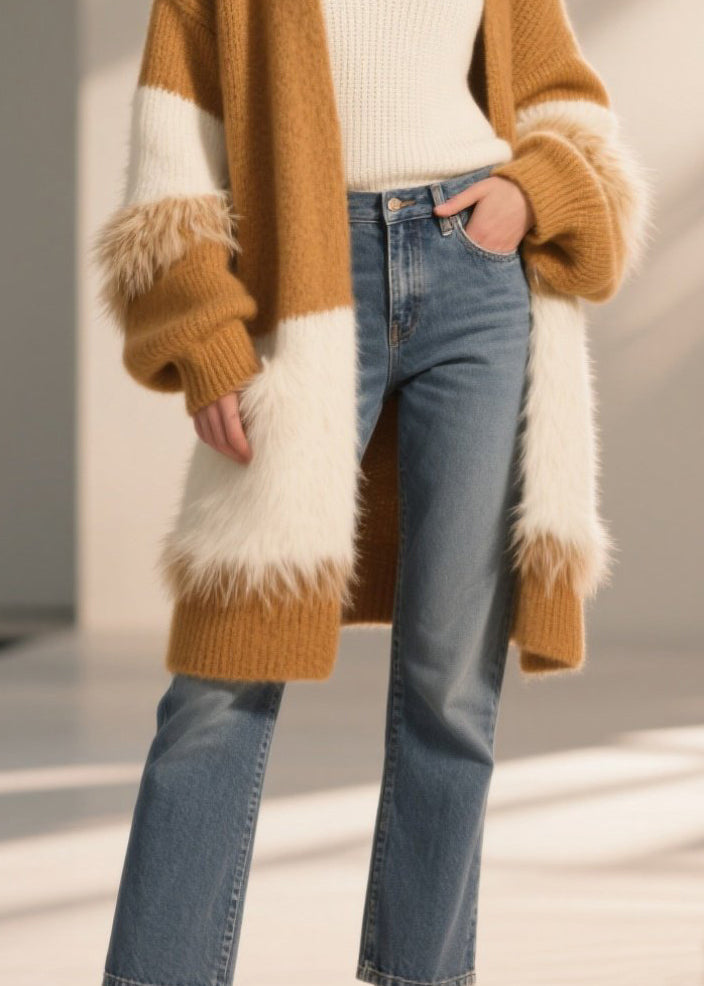 Coffee Oversized Patchwork Faux Fur Long Cardigan Winter