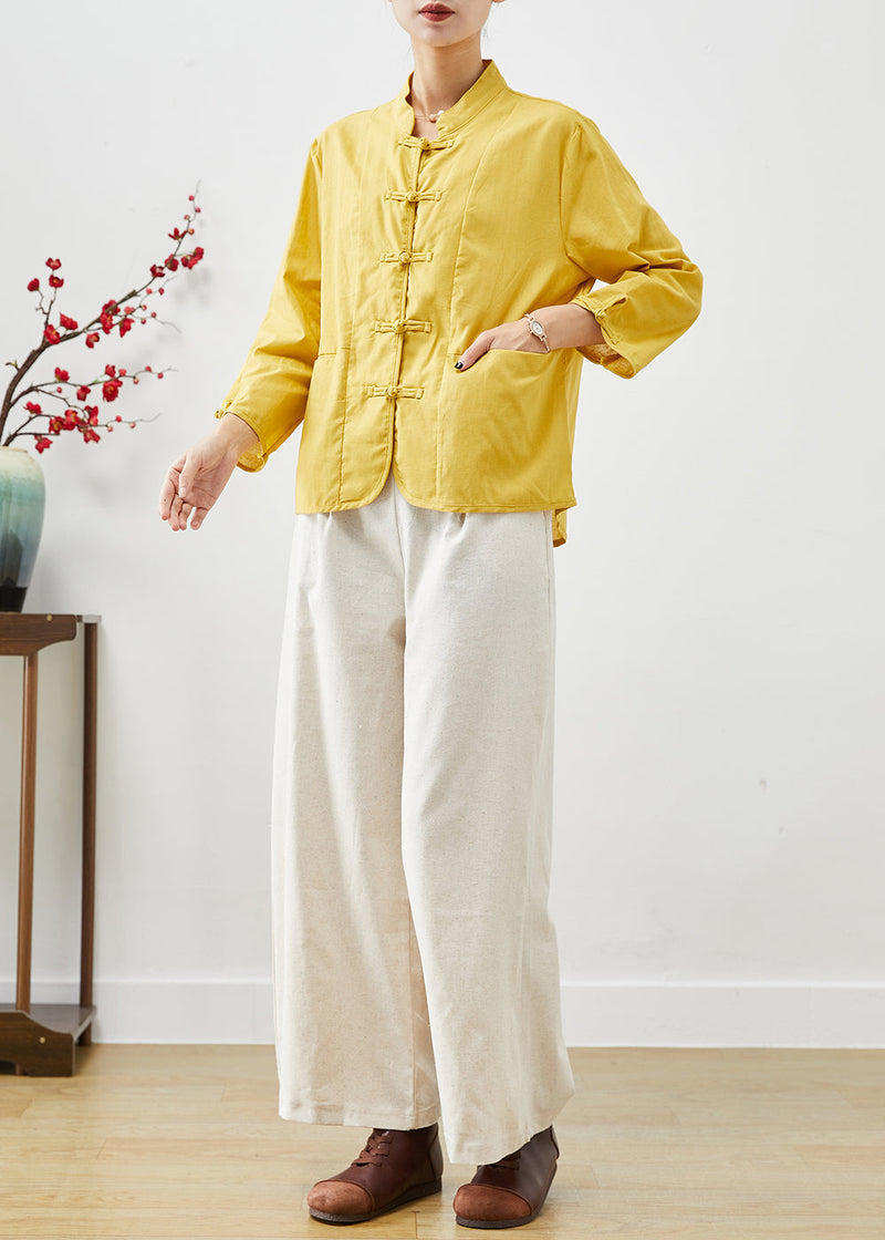 Yellow Stand Collar Chinese Button Cotton Two Pieces Set Fall