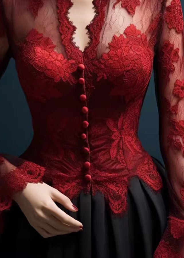 Original Design Red V Neck Slim Fit Lace Top Fall