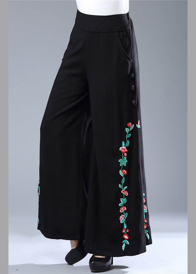 Modern Black Embroideried Elastic Waist Wide Leg Pants Fall