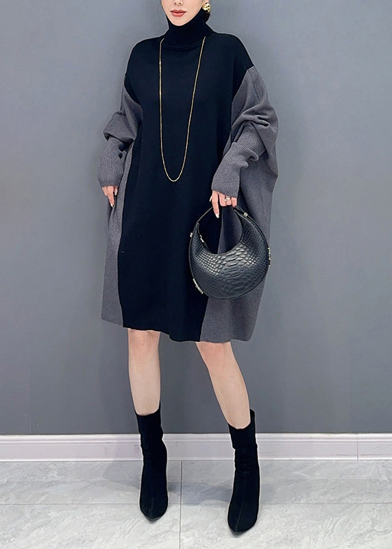 Coffee Hign Neck Patchwork Cotton Mid Dress Batwing Sleeve