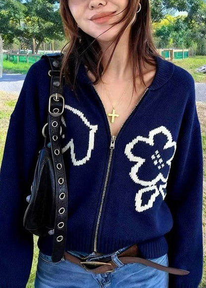 Navy Zip Up Knit Loose Coat Spring