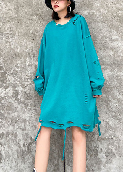 Simple Blue O-neck Loose Hole Fall Sweatshirt Street Wear