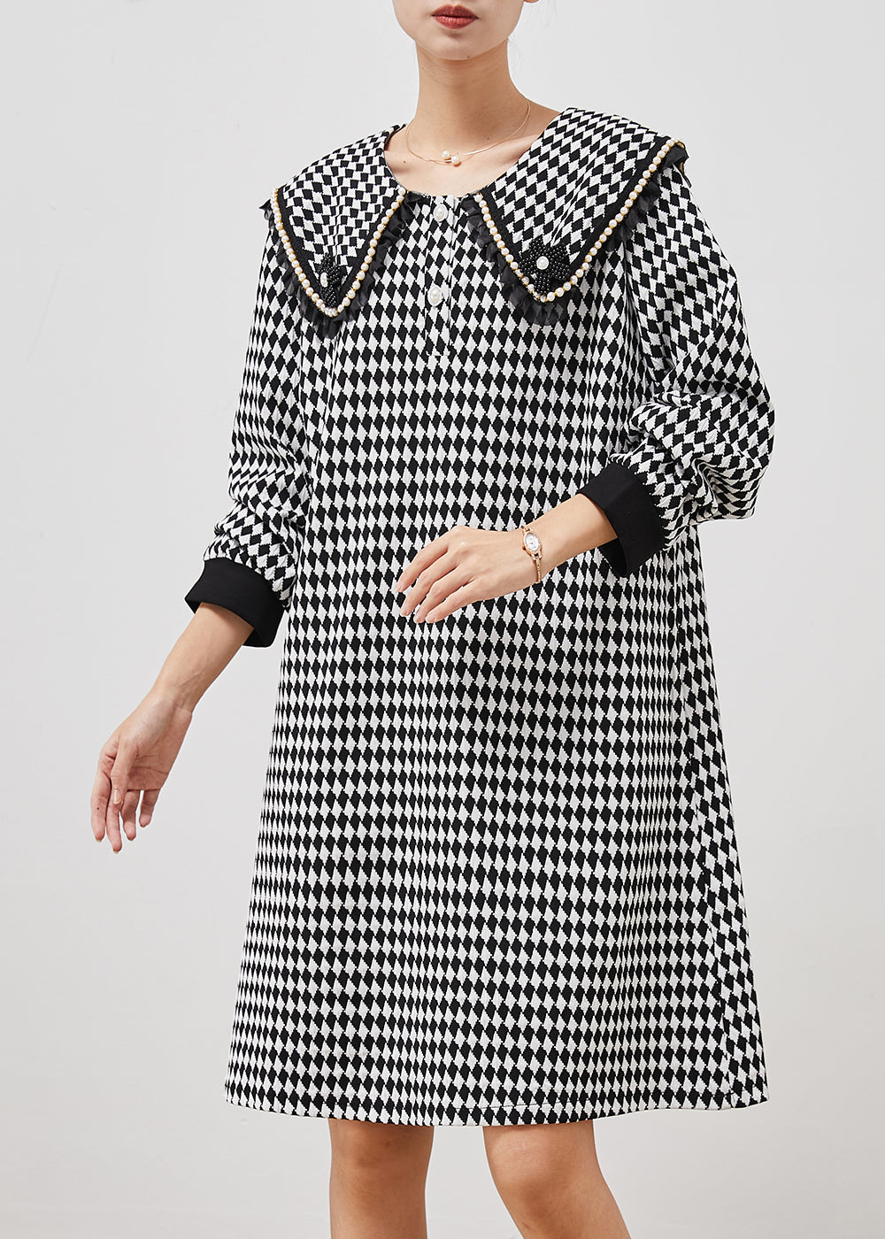 Black White Plaid Sailor Collar Cotton Dress Spring