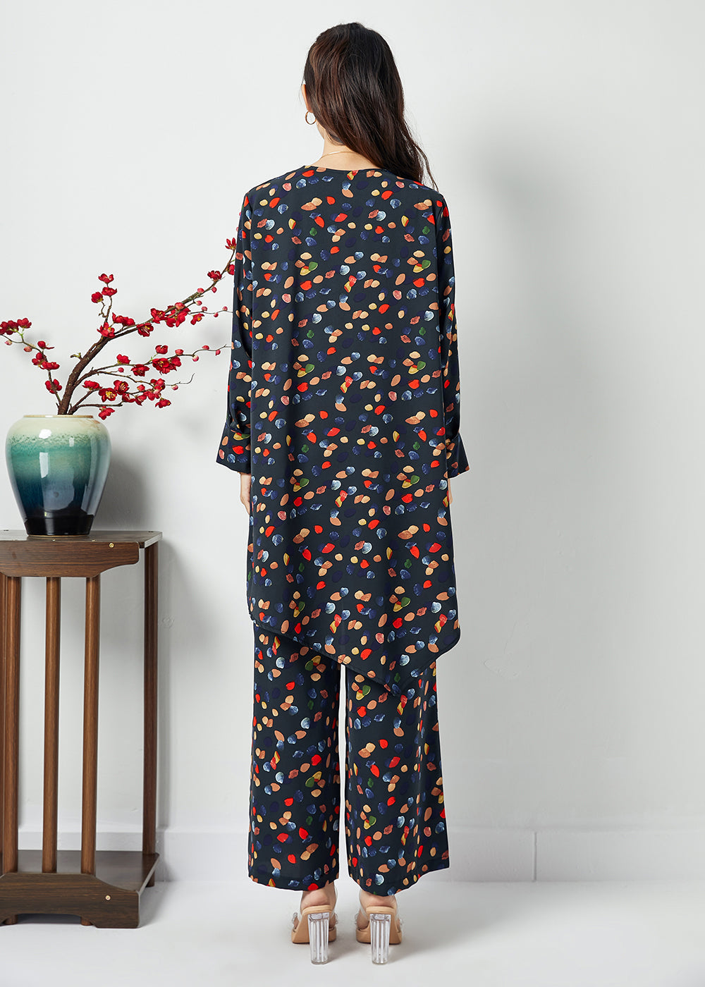 Black V Neck Asymmetrical Design Print Chiffon Two Pieces Set Spring