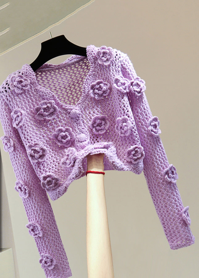 Brief Purple V Neck Embroidered Cotton Knit Sweater Spring