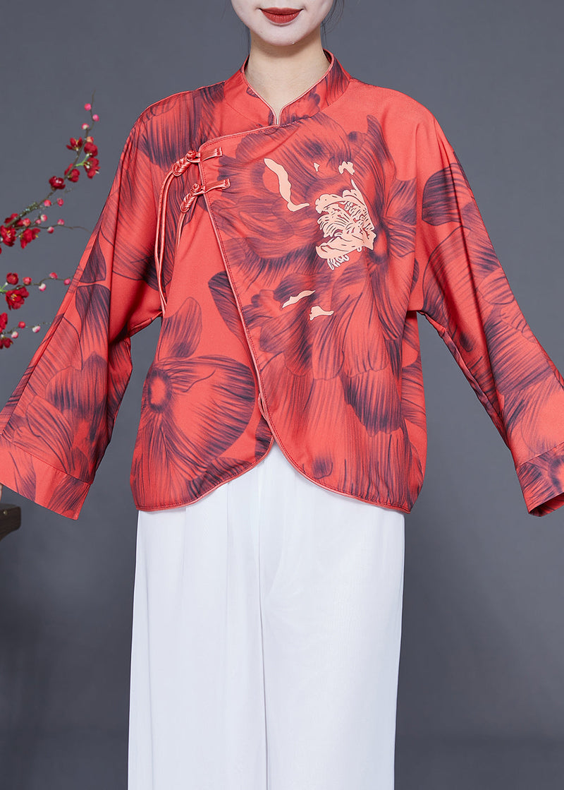 Red Mandarin Collar Print Chinese Button Silk Jacket Spring
