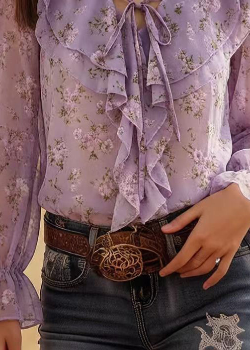 Italian Lavender Ruffled Print Chiffon Shirts Spring