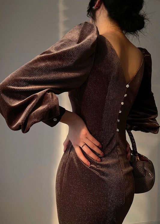 Brown V Neck Button Wraped Silk Velour Dresses Vestidos Long Sleeve