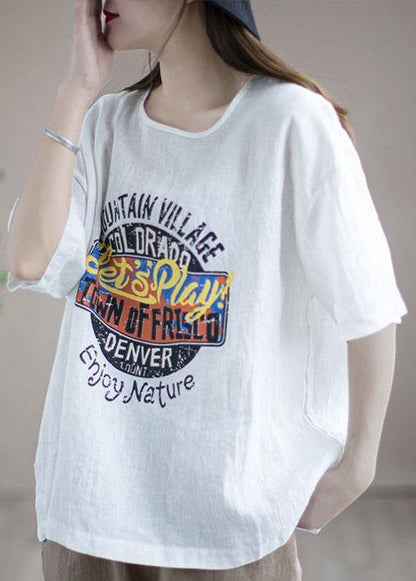 Loose Chocolate O-neck Graphic Linen T-shirt Half Sleeve