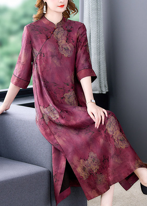 Purple Stand Collar Print Button Side Open Silk Long Dresses Summer