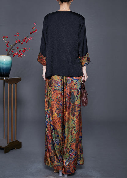 Black Print Patchwork Lace Up Silk Two Pieces Set Fall