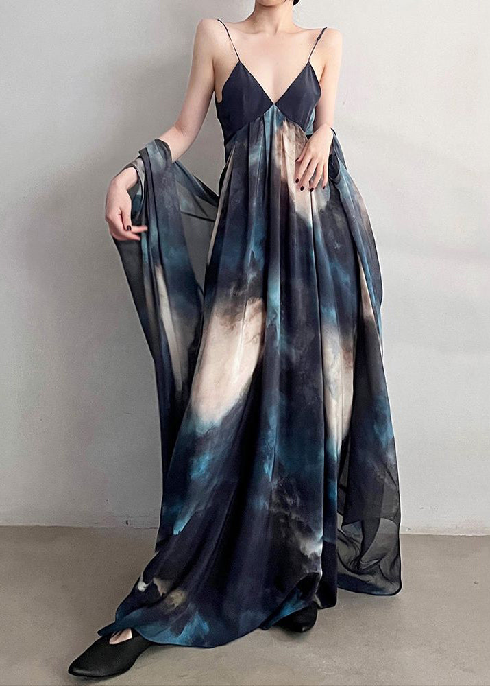 Blue Cardigans and Spaghetti Strap Dresses Chiffon Two Piece Suit Fall