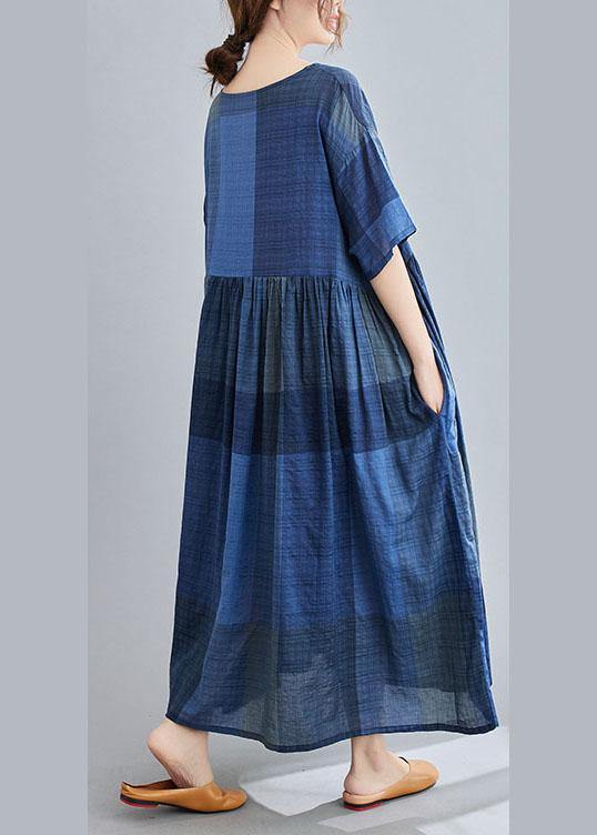 Unique Blue Plaid Pockets a Line Summer Maxi Dresses Half Sleeve
