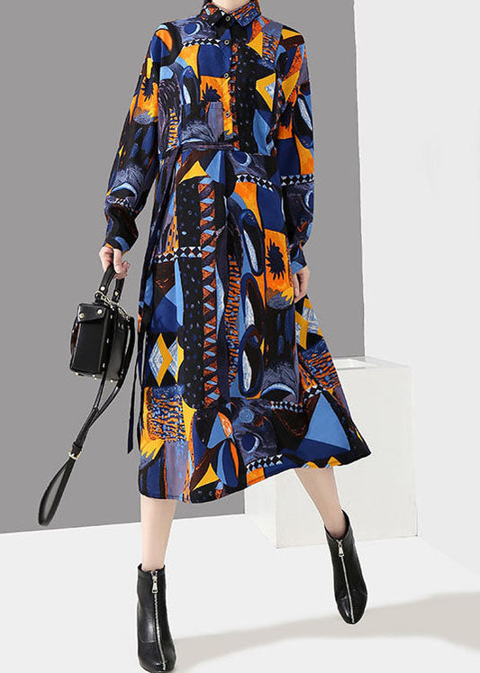 Italian Blue Button Tie Waist Peter Pan Collar Print Shirt Dresses Spring