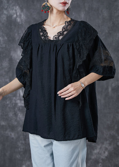 Black Patchwork Ruffled Cotton Tanks Back Tie Short Sleeve