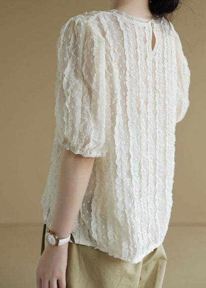 Beige O-neck Ruffled Jacquard Silk Shirts Short Sleeve