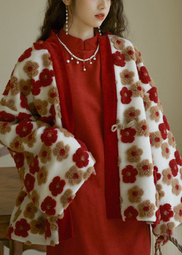 French Red V Neck Warm Coat Winter