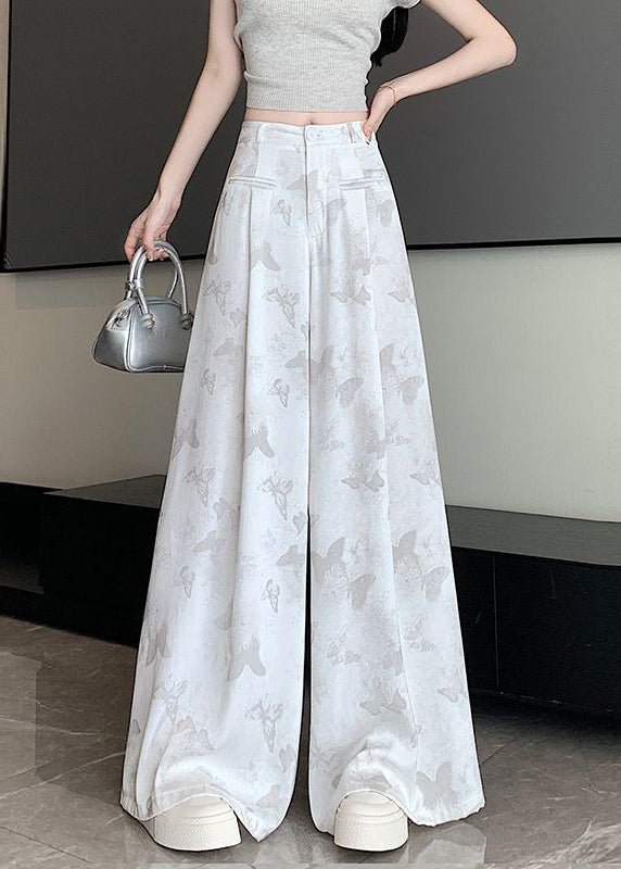 Chinese Style White Pockets Butterfly Print Draping Pants