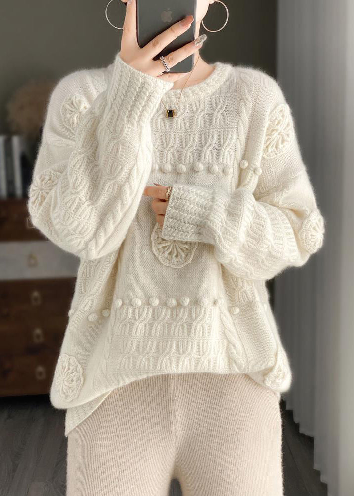 Loose Beige O-neck Hollow Out Cotton Knit Sweater Long Sleeve