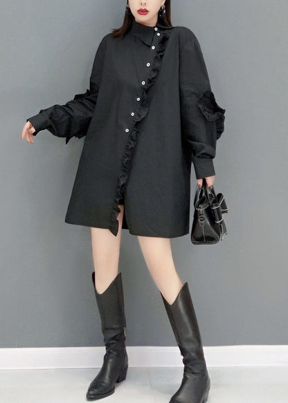 Black Peter Pan Collar Asymmetrical Ruffled Cotton Shirt Tops Spring