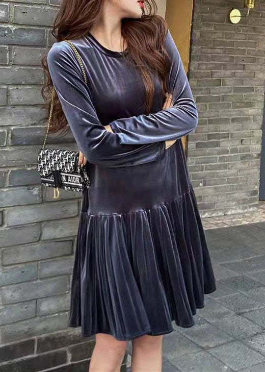 Blue Patchwork Velour Pleated Skirt Spring