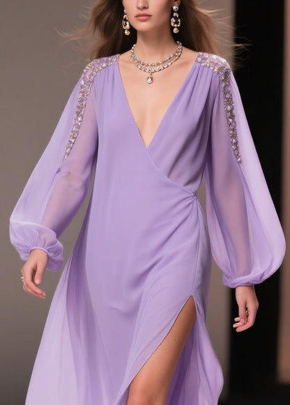 Italian Purple Wrinkled Side Open Chiffon Long Dresses Spring