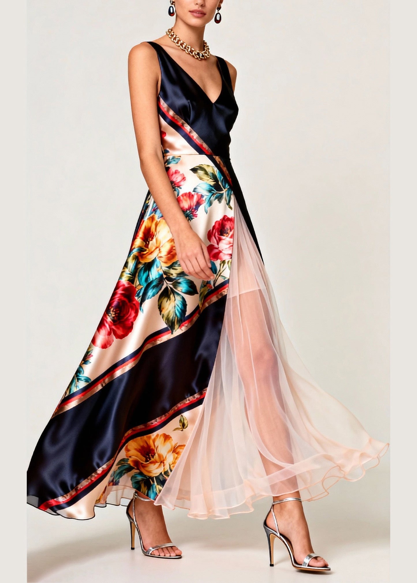 V Neck Print Tulle Patchwork Silk Long Dress Sleeveless